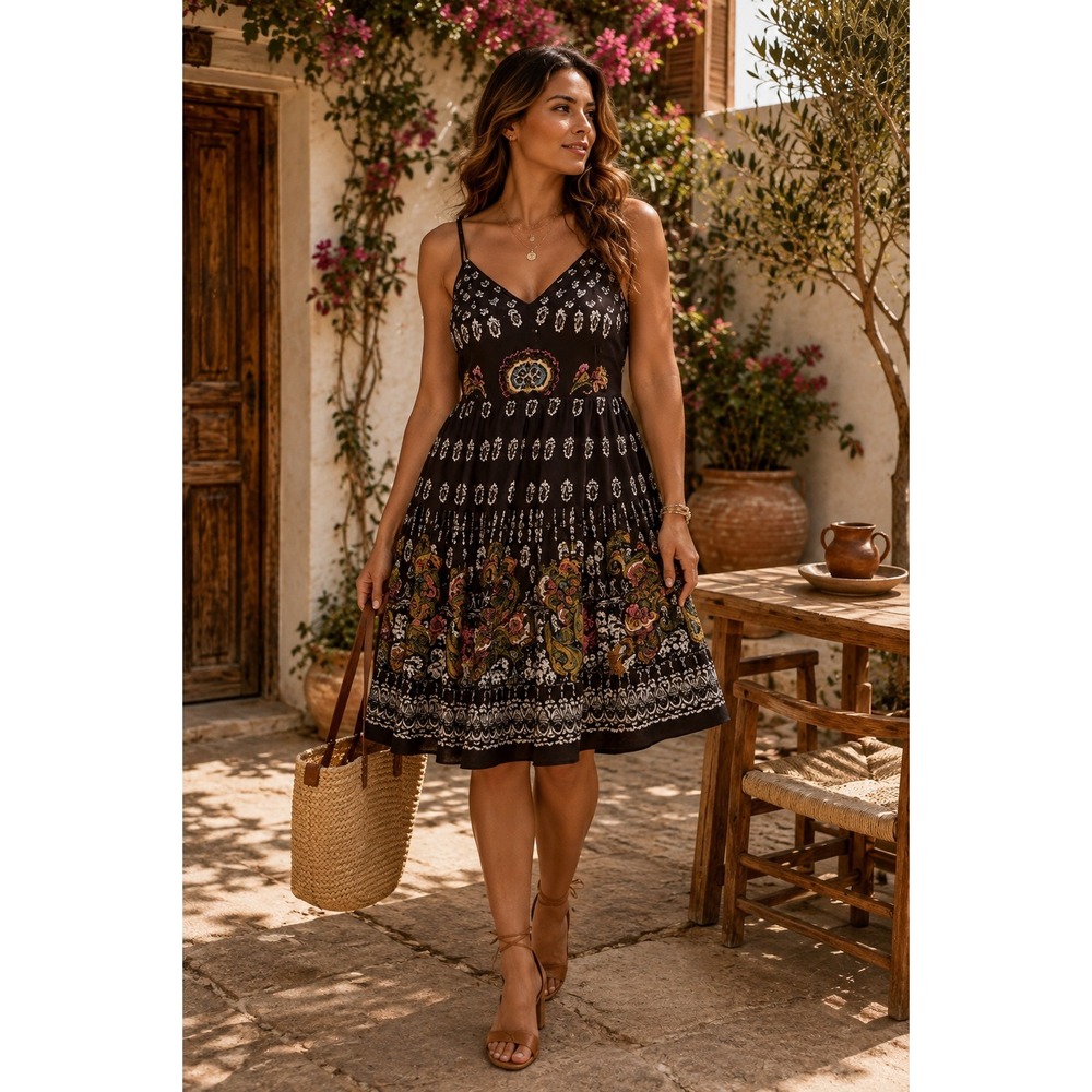 Magic Women 2X Brown Cotton Boho Embroidered Paisley Print SunDress Smocked Back